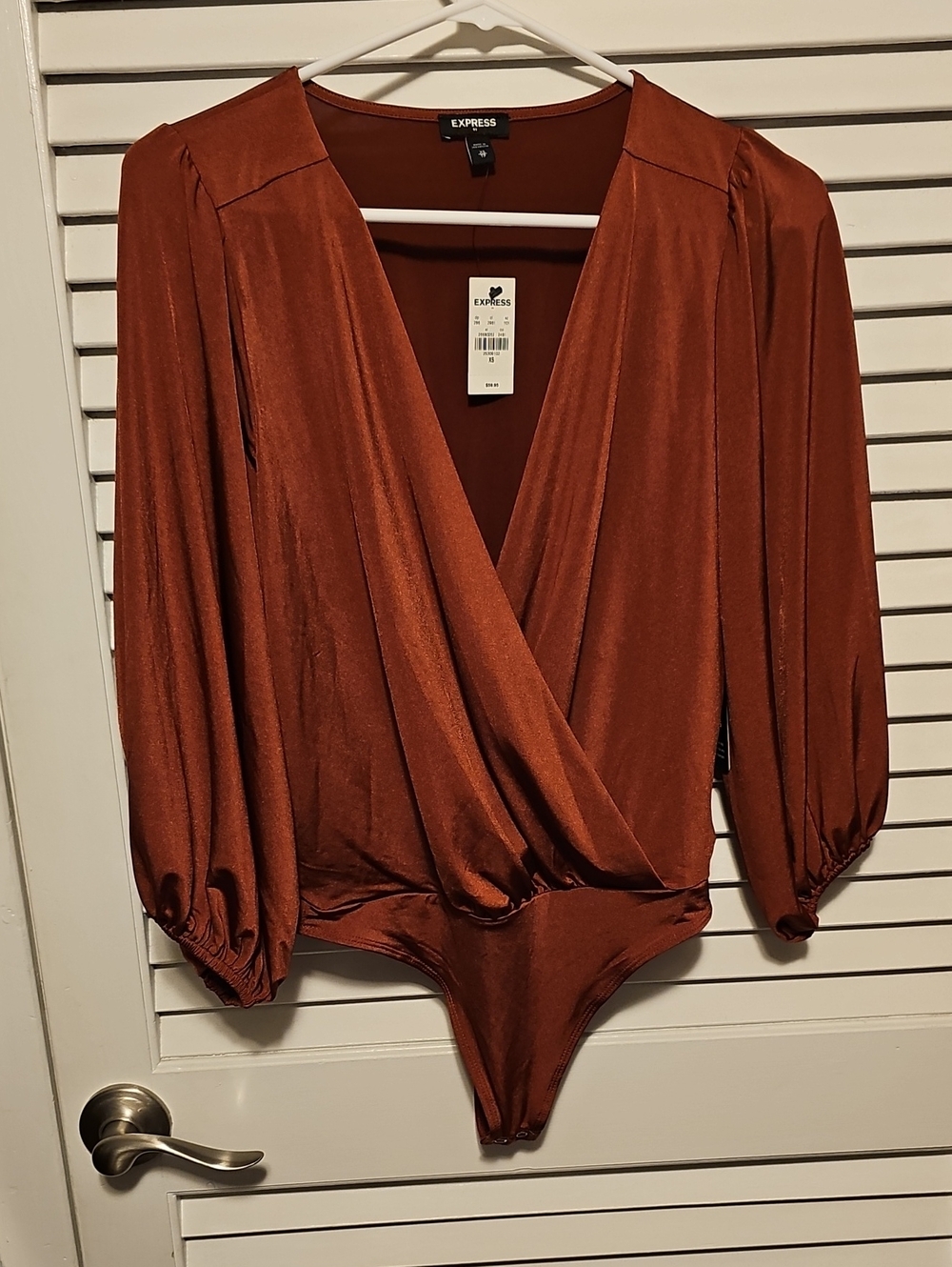 Express Rust Satin Surplice Long-Sleeve Bodysuit